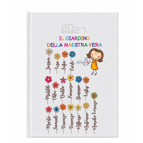 Copertina agenda bianca con titolo colorato e illustrazioni di fiori