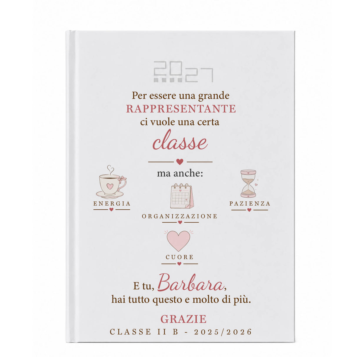 Agenda 2027 personalizzata per rappresentante di classe, copertina bianca con testi e icone rosa.