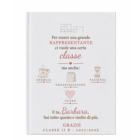 Agenda 2027 personalizzata per rappresentante di classe, copertina bianca con testi e icone rosa.