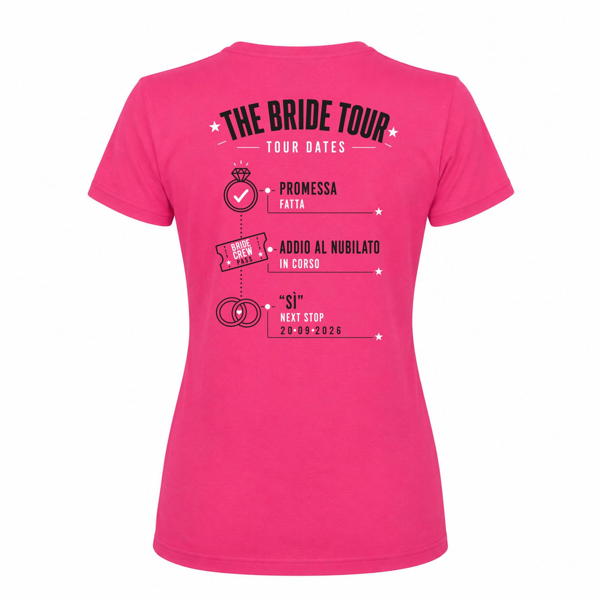 Maglietta rosa fucsia con stampa grande sul retro 'The Bride Tour' e 'Tour Dates'