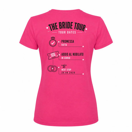Maglietta rosa fucsia con stampa grande sul retro 'The Bride Tour' e 'Tour Dates'