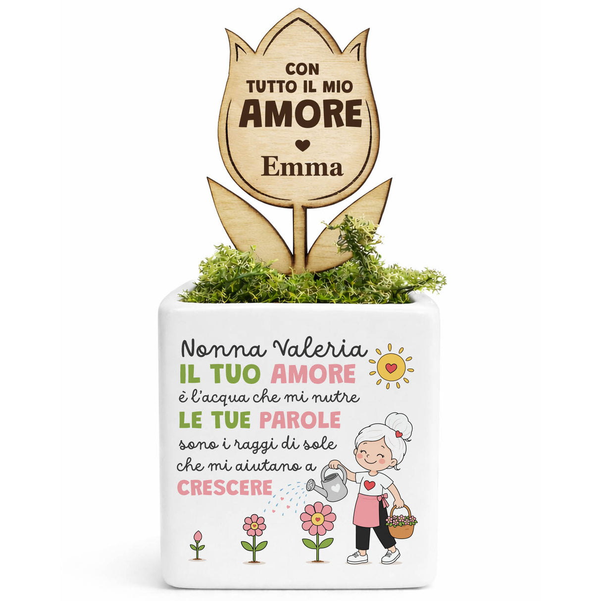 Vaso bianco con fiore in legno e dedica per nonna, “Nonna Valeria” e frase d’amore