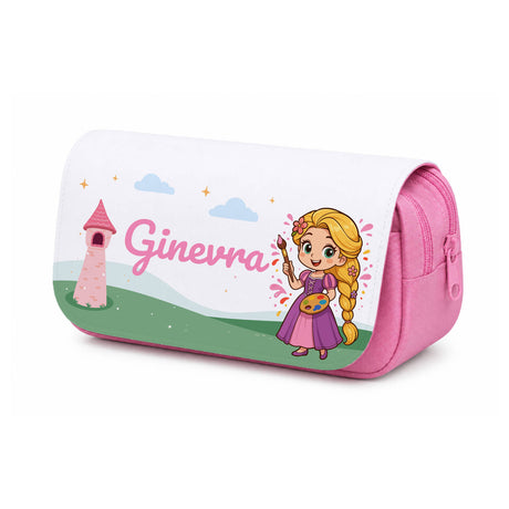 Astuccio doppia zip rosa con stampa cartoon e tasca frontale