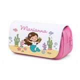 Astuccio rosa con nome Marianna e sirena, zip laterale e finitura bianca