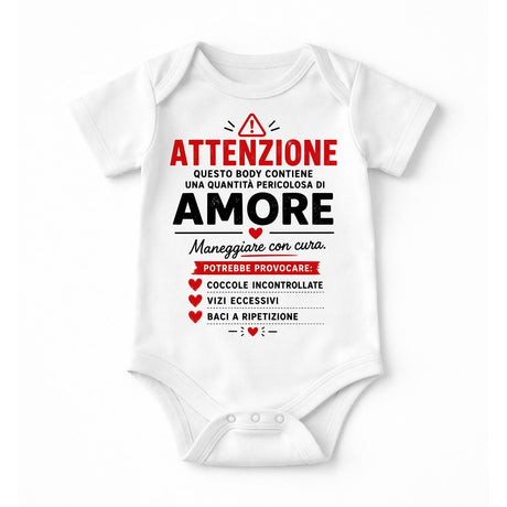 Body neonato bianco con stampa ATTENZIONE e AMORE sul davanti