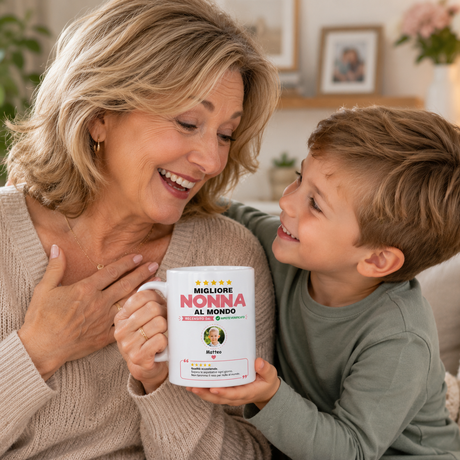 Tazza bianca "Migliore Nonna al Mondo" con foto e recensione, in mano