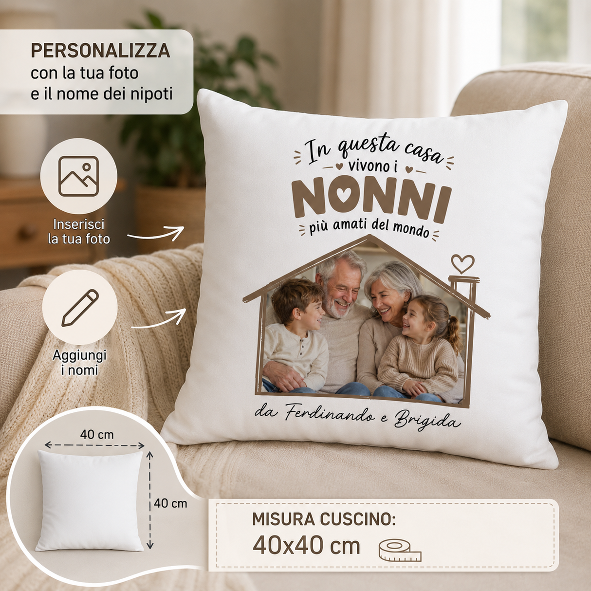 Cuscino personalizzato bianco «NONNI» con spazio foto; misure 40x40 cm