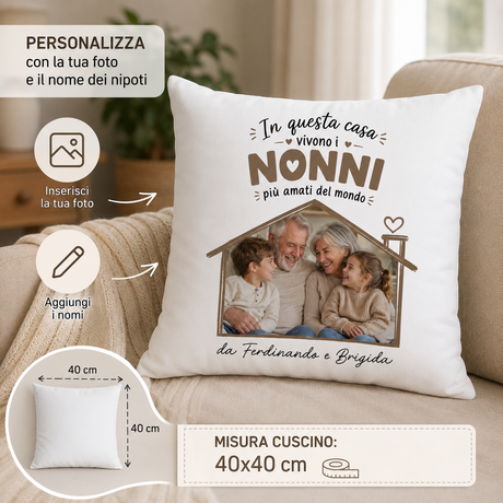 Cuscino personalizzato bianco «NONNI» con spazio foto; misure 40x40 cm