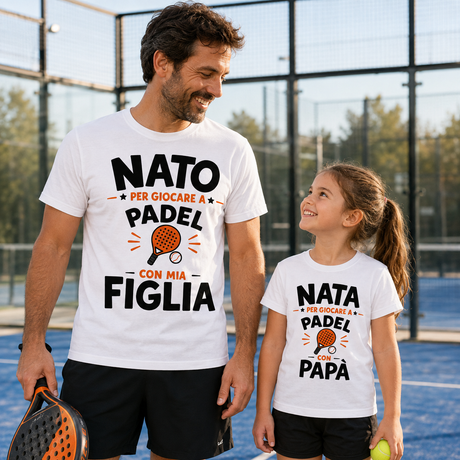 Set t-shirt bianche papà e figlia con stampa “NATO” per giocare a Padel