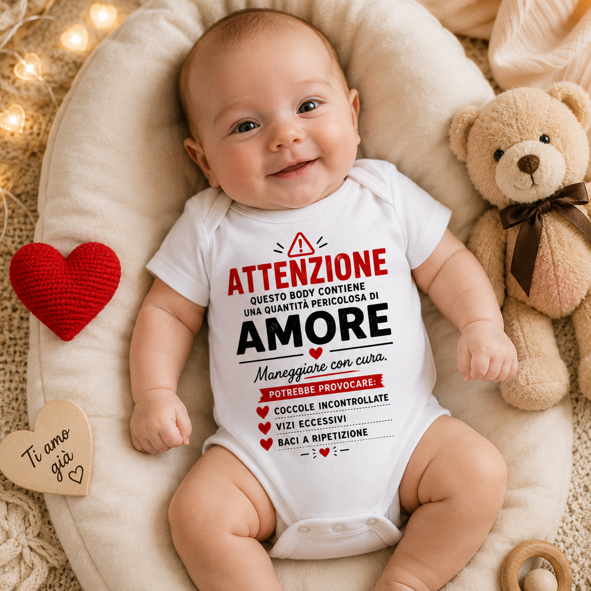 Body neonato bianco con stampa ATTENZIONE e AMORE, maniche corte