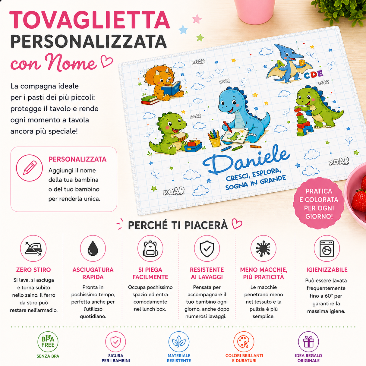 Tovaglietta azzurra con dinosauri e nome Daniele, motivo nuvole e stelle