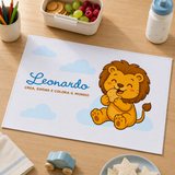Tovaglietta merenda bianca con nuvole azzurre e leone arancione Leonardo