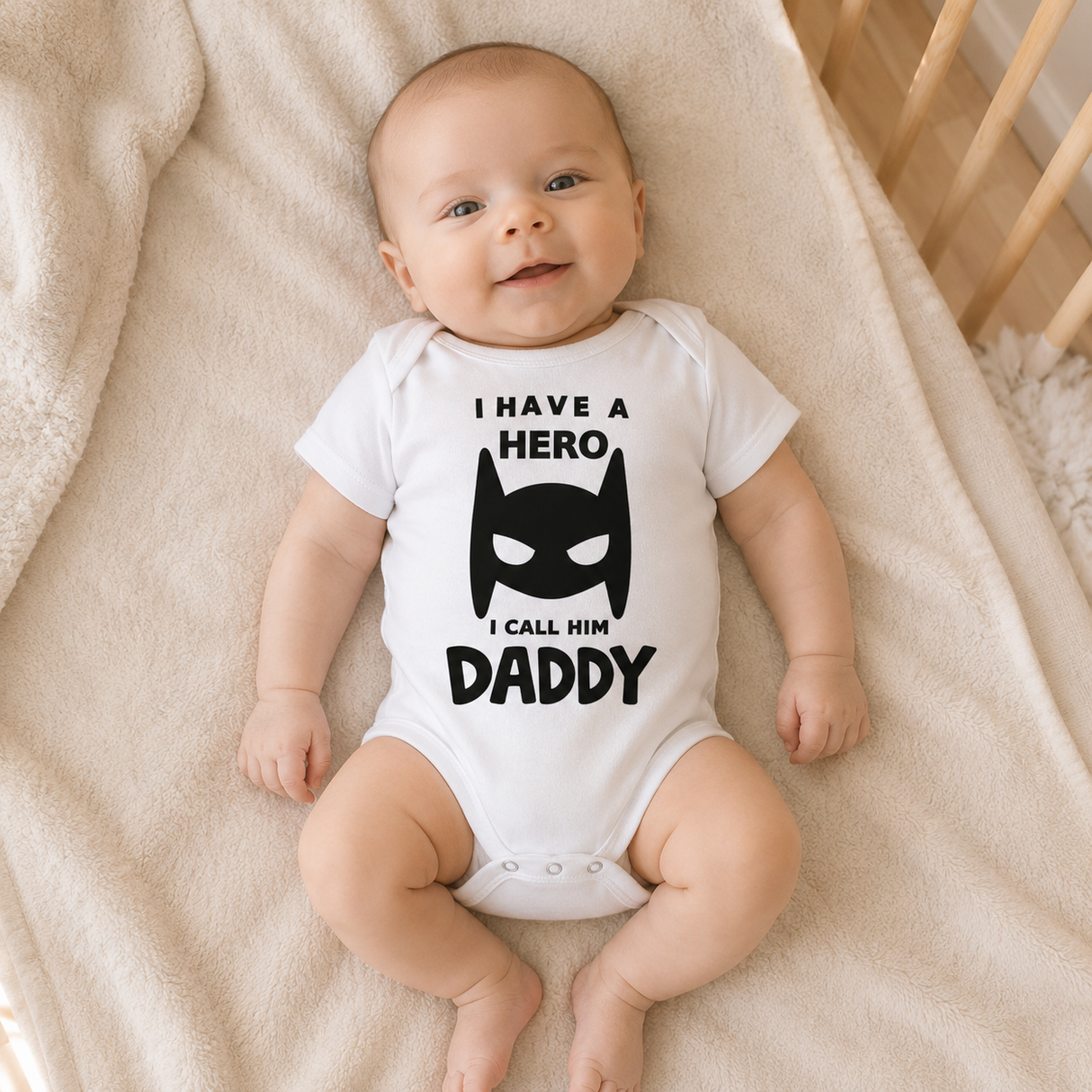 Body neonato bianco su bimbo con stampa supereroe: “I call him Daddy”