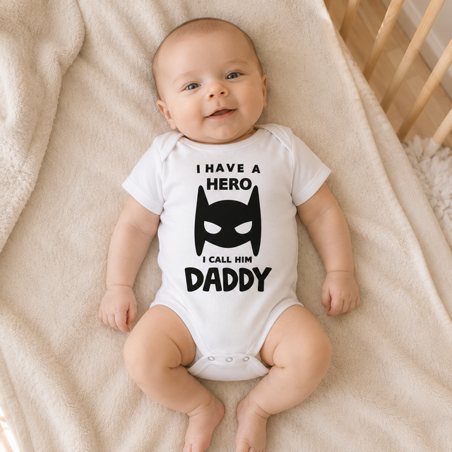 Body neonato bianco su bimbo con stampa supereroe: “I call him Daddy”