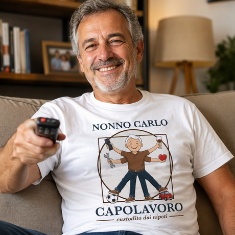 T-shirt bianca con stampa “NONNO CARLO” e “CAPOLAVORO”; dettagli del disegno sul petto