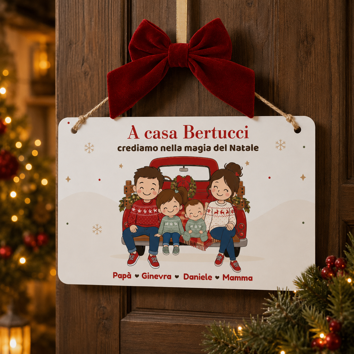 Targa plexiglass bianca con fiocco rosso in velluto e illustrazione famiglia