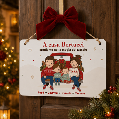 Targa plexiglass bianca con fiocco rosso in velluto e illustrazione famiglia