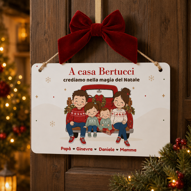 Targa plexiglass bianca con fiocco rosso in velluto e illustrazione famiglia