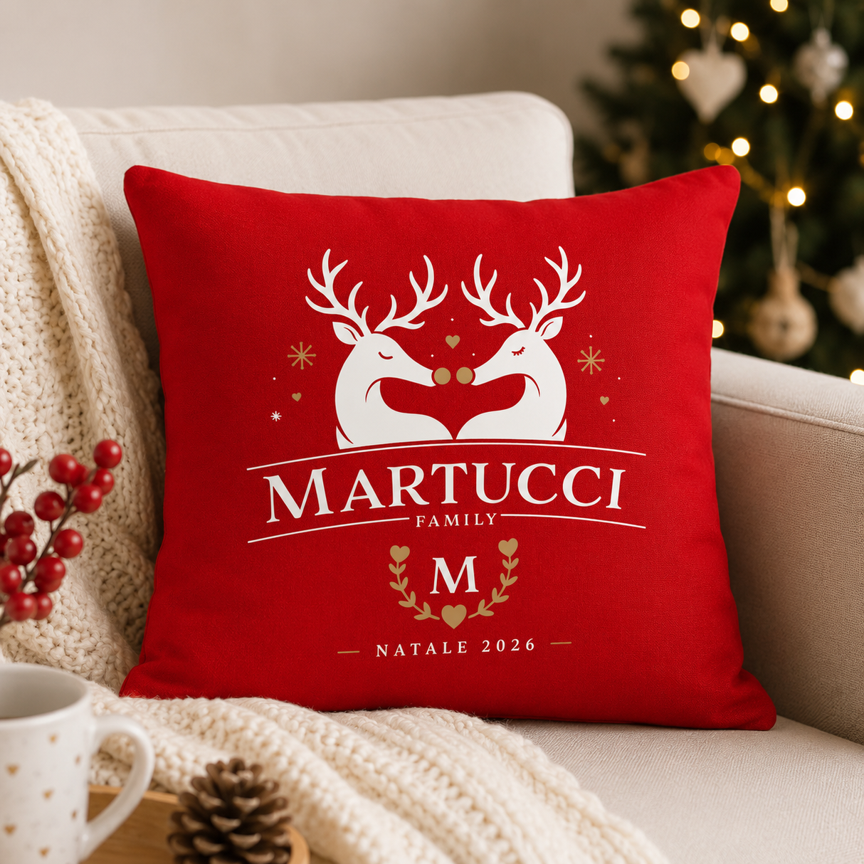 Cuscino natalizio rosso 40x40 con stampa renne e scritta Martucci Family Natale 2026
