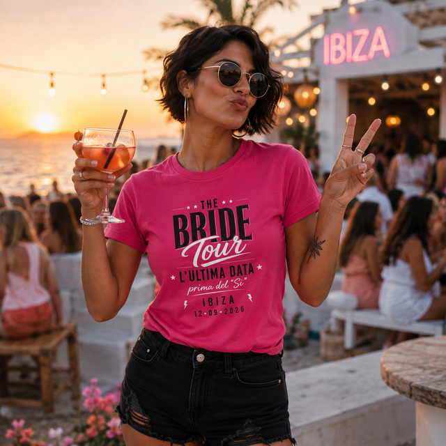 Maglietta rosa fucsia con stampa 'The Bride Tour' e 'IBIZA 12-09-2025' sul davanti