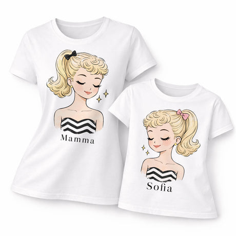 Set t-shirt bianche mamma e figlia con stampa volto e scritte Mamma e Sofia