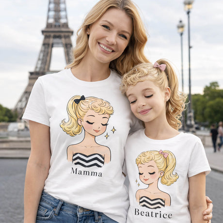 Set t-shirt bianche mamma e figlia con stampa volto e scritte Mamma e Beatrice