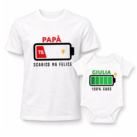 Set di magliette bianche papà e bimba con stampa batteria e nome GIULIA.