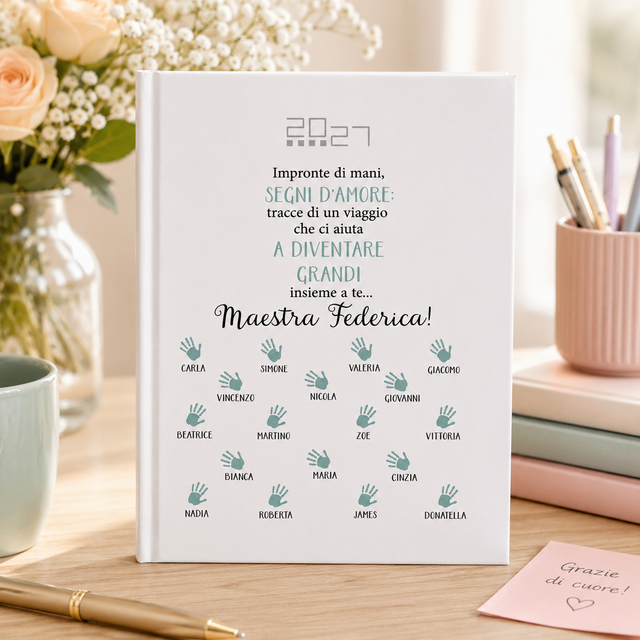 Agenda personalizzata bianca per maestra con testo e impronte colorate