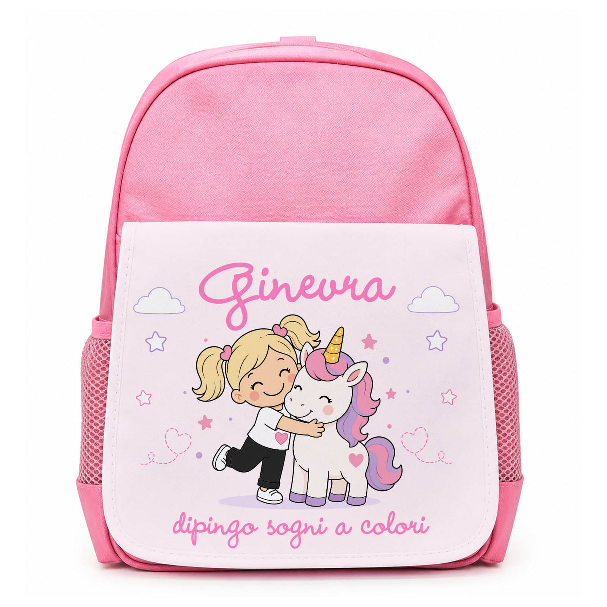 Zainetto asilo rosa con pannello bianco personalizzato Ginevra e unicorno