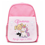 Zainetto asilo rosa con pannello bianco personalizzato Ginevra e unicorno