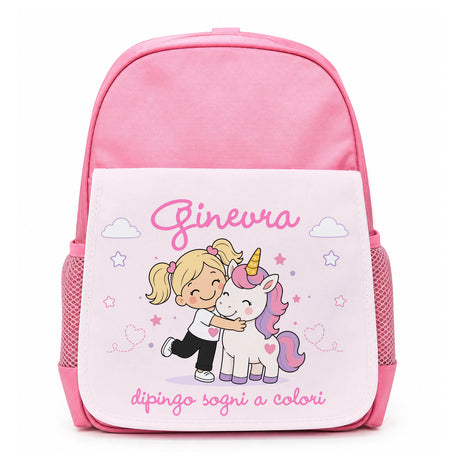 Zainetto asilo rosa con pannello bianco personalizzato Ginevra e unicorno