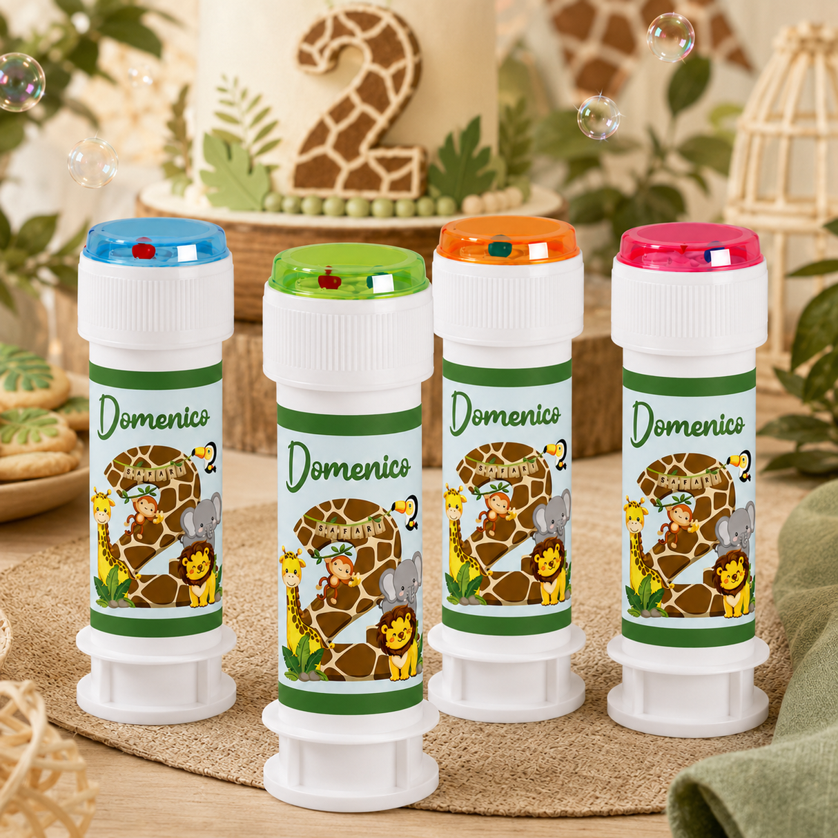 Set 4 Bolle di Sapone Personalizzate – Tema Safari con Nome ed Età