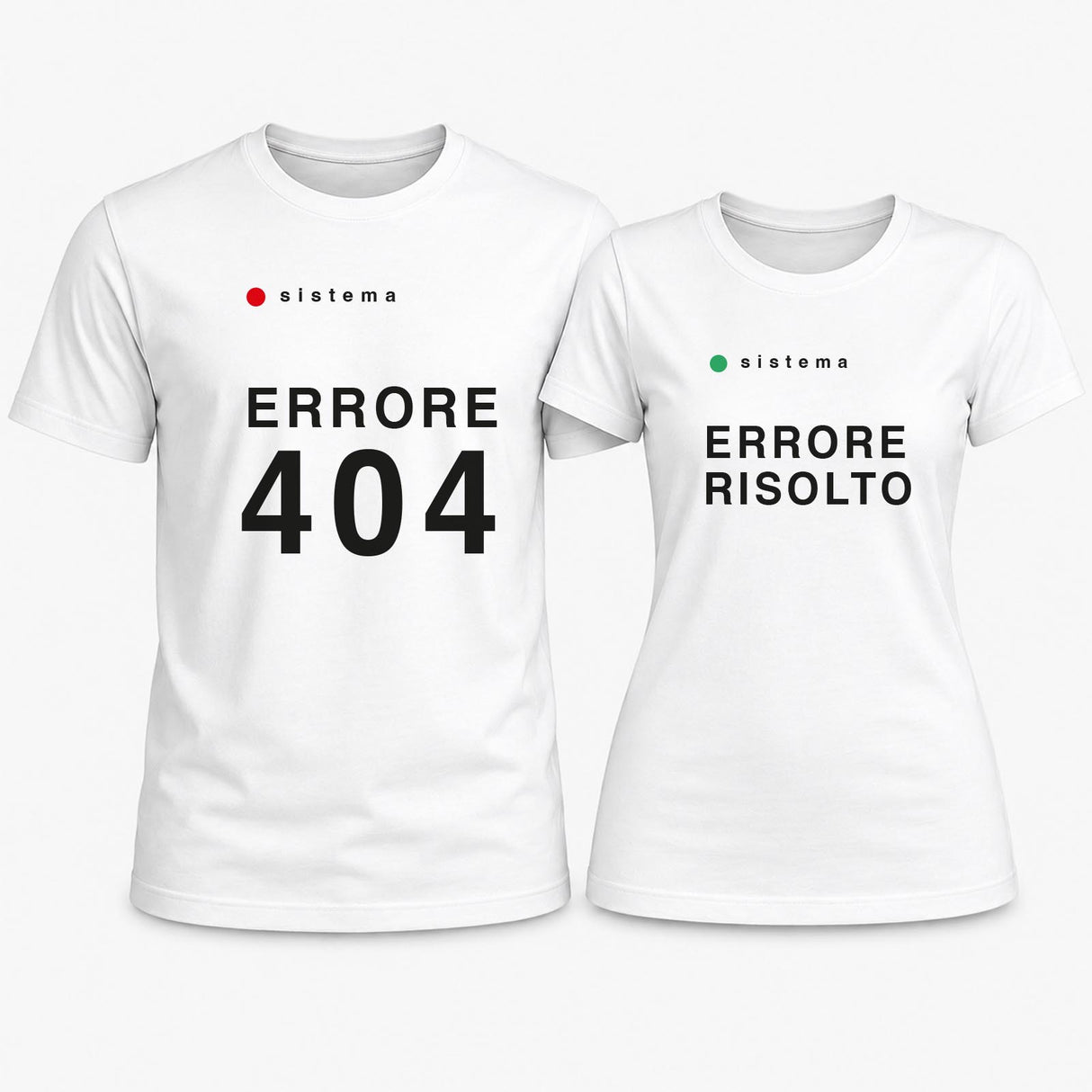 Maglietta di coppia bianca con stampa frontale 'Errore 404' e 'Errore risolto'
