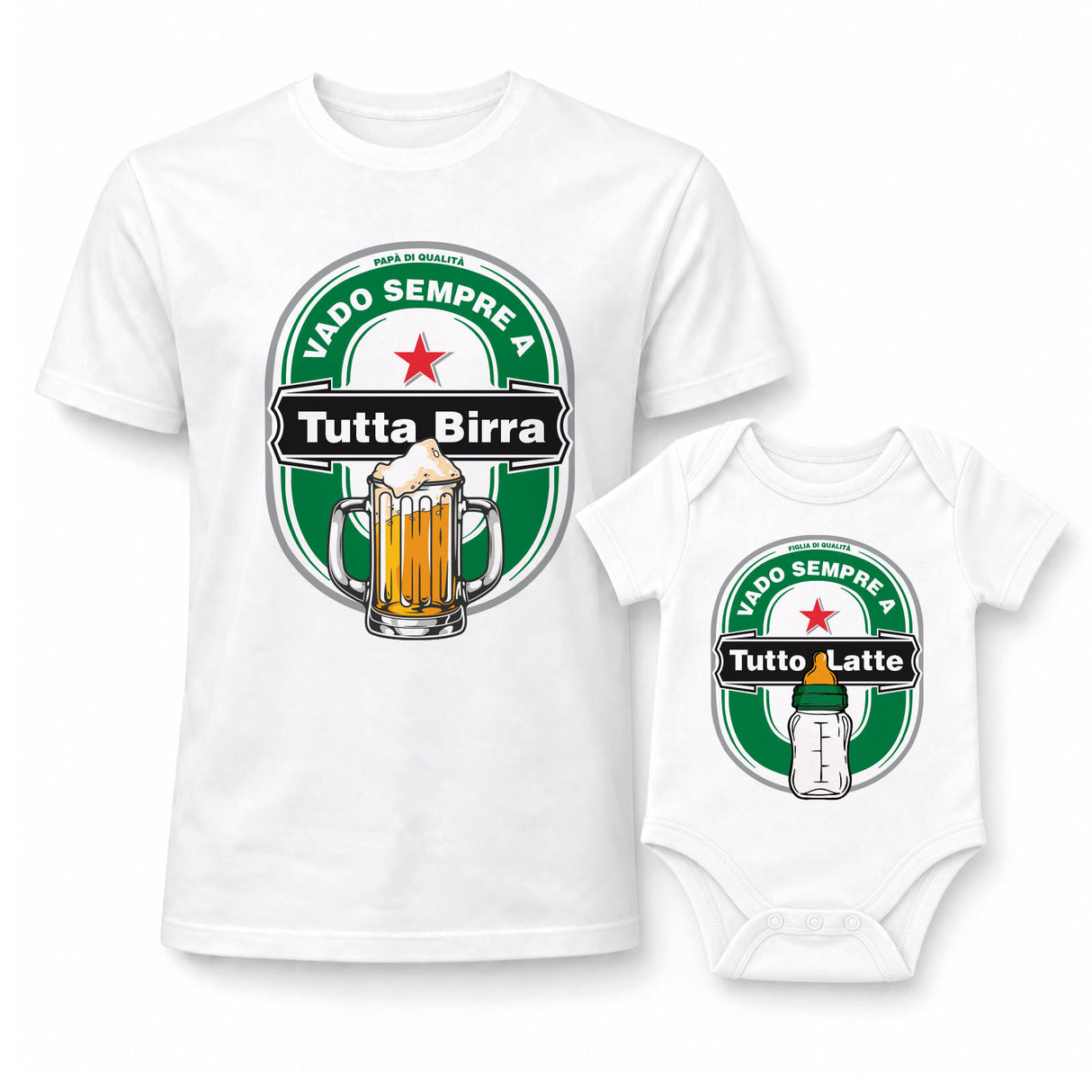 Maglietta adulto e tutina bimbo bianche con stampa “Tutta Birra” e “Tutto Latte”