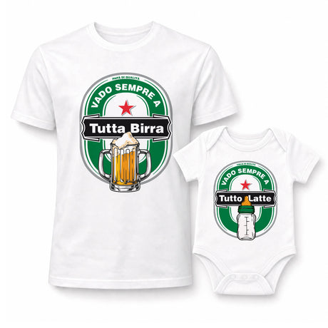 Maglietta adulto e tutina bimbo bianche con stampa “Tutta Birra” e “Tutto Latte”