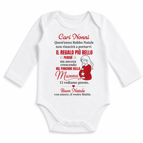 Body neonato bianco maniche lunghe con grafica natalizia rossa "Cari Nonni"