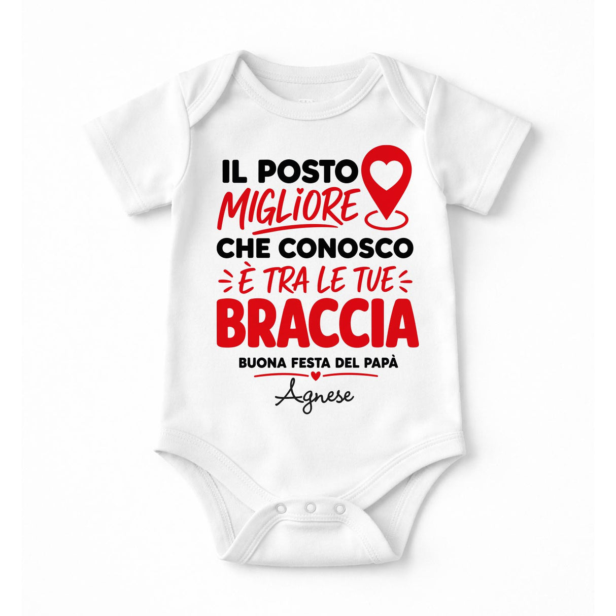 Body neonato bianco a maniche corte con scritta Festa del Papà e nome personalizzato