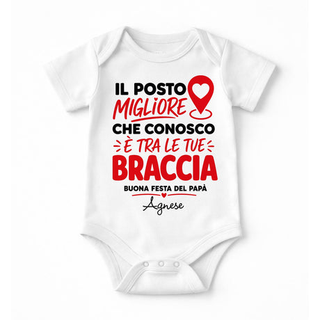 Body neonato bianco a maniche corte con scritta Festa del Papà e nome personalizzato