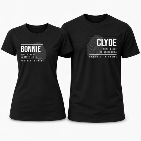 T-shirt coordinate coppia Bonnie & Clyde, nere, stampa frontale per lui e lei