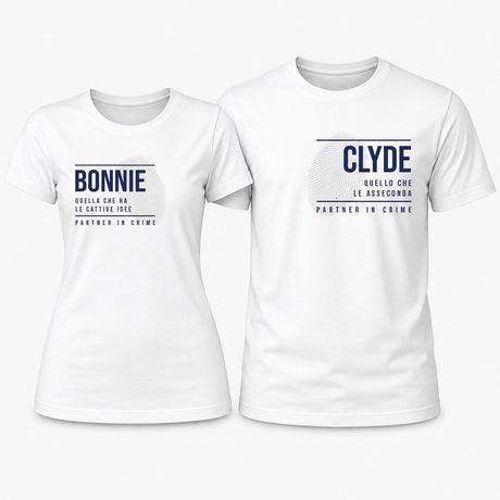 T-shirt coordinate coppia Bonnie & Clyde, bianche, stampa frontale per lui e lei