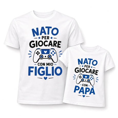 Coppia di magliette bianche a maniche corte con scritta blu e controller gamepad