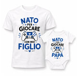 Maglietta bianca e body bianco con scritta blu Nato per giocare e controller