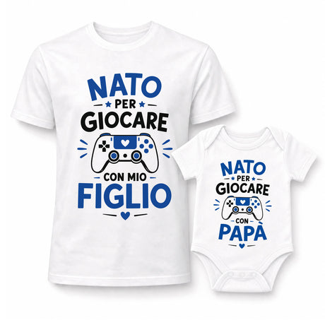 Maglietta bianca e body bianco con scritta blu Nato per giocare e controller