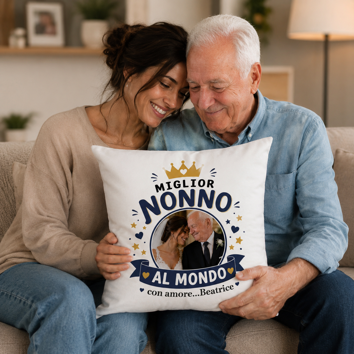 Cuscino bianco 'Miglior Nonno al Mondo' con foto, tenuto da coppia