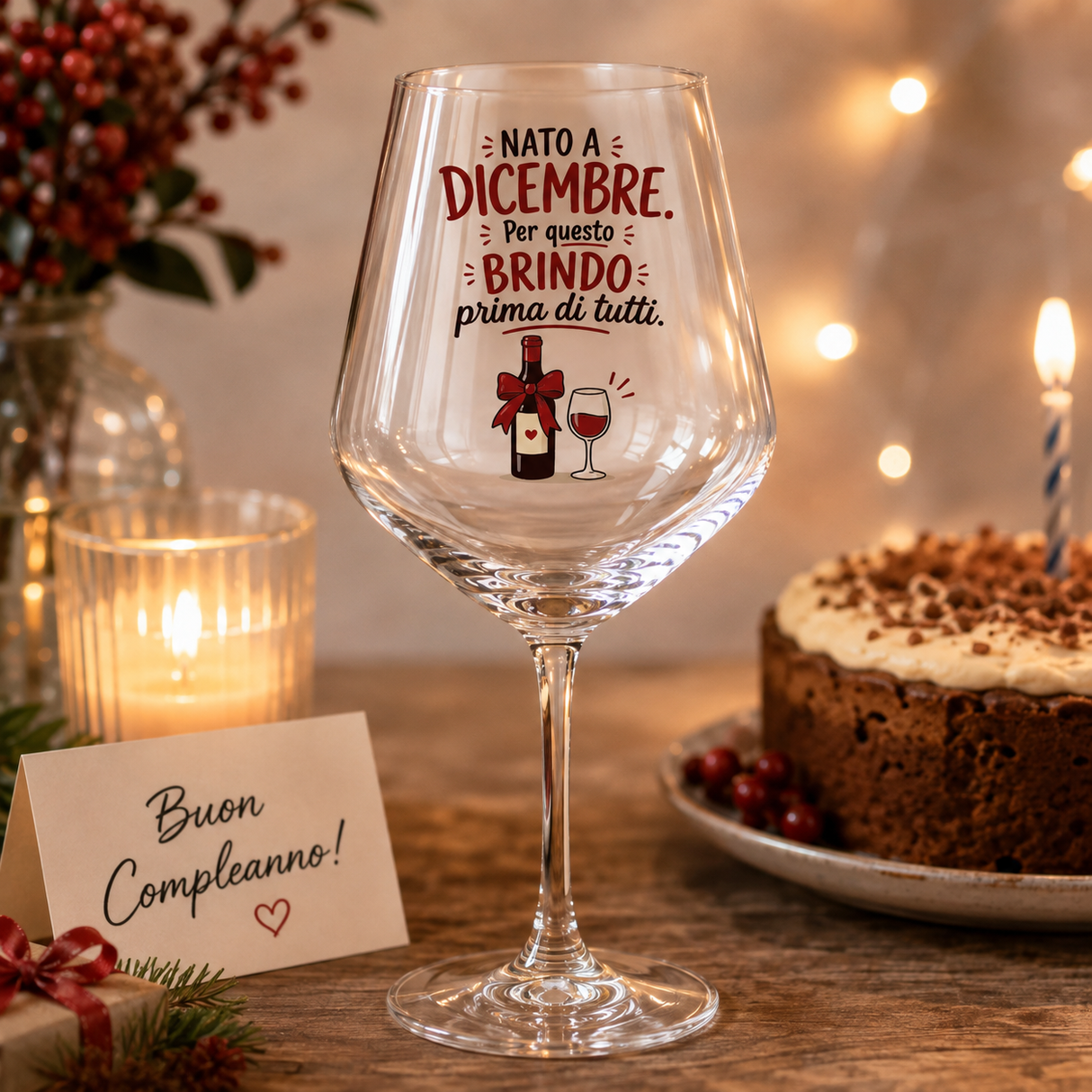 Calice da vino in vetro con scritta “Nato a Dicembre” e figure regalo e calice