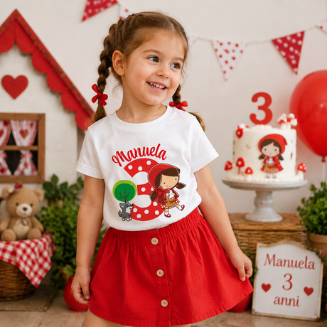 T-shirt bianca personalizzata Manuela con grafica Cappuccetto Rosso e numero 3