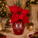 Vaso natalizio rosso con stella di Natale, fiore rosso e scritta MARTUCCI FAMILY