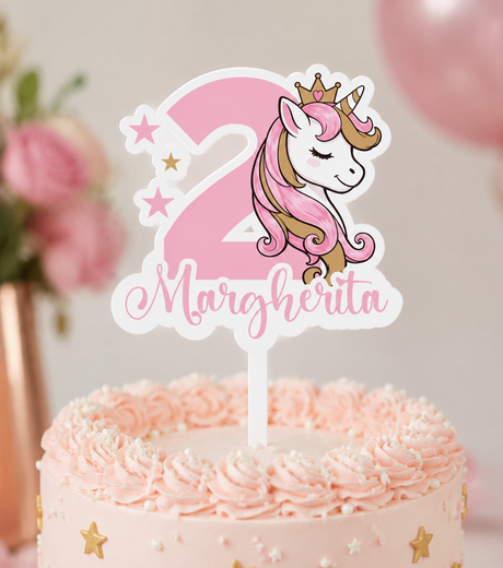 Topper in plexiglass a forma di unicorno con numero 2 e nome Margherita