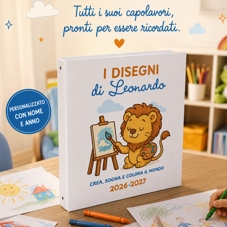 Raccoglitore ad anelli bianco con leone che dipinge e scritta “I disegni di Leonardo”
