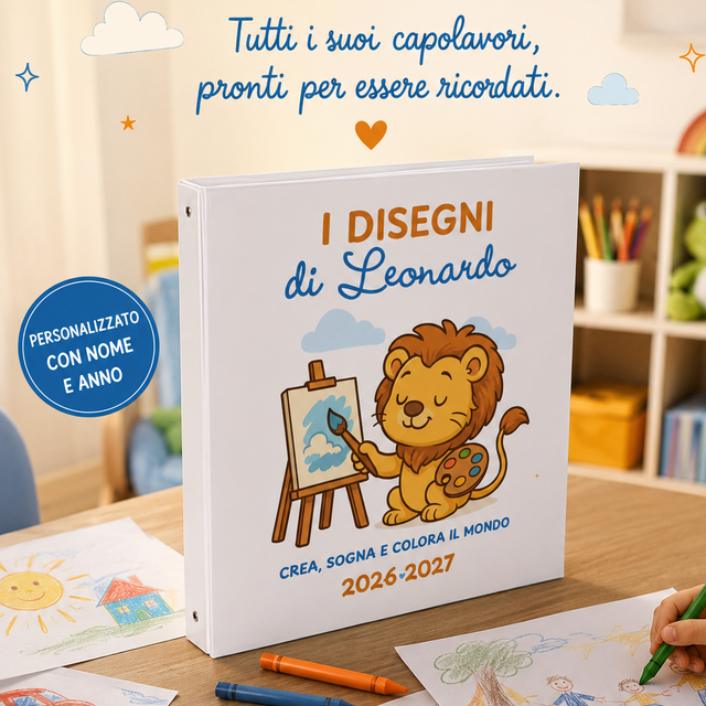 Raccoglitore ad anelli bianco con leone che dipinge e scritta “I disegni di Leonardo”
